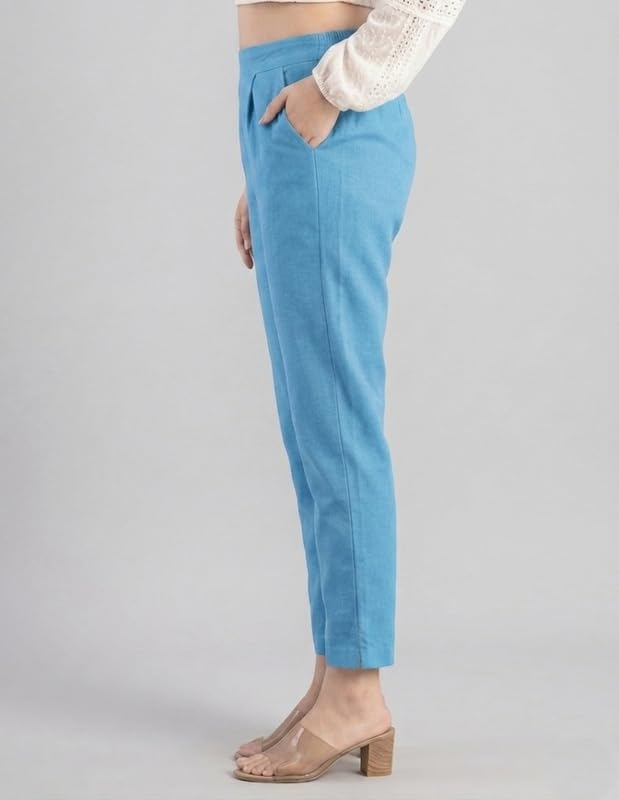 Image of Solid Cotton Woman Trousers Pants Regular Fit Kurti Pant with Drawstring Daily Office Formal Casual Use