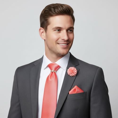 Image of 5PCS Mens Silk Designer Tie, Pocket Square, Cufflinks, Drilled Tie Ring and Lapel Pin Set for Wedding Groom Party