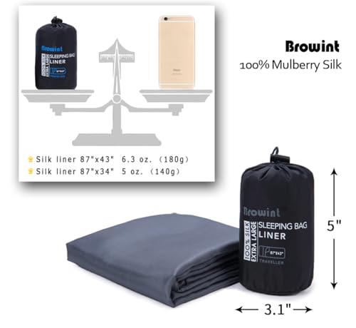 Image of Browint Silk Sleeping Bag Liner, Silk Sleep Sheet, Sack, Extra Wide 87 inchx43 inch, Lightweight Travel and Camping Sheet for Hotel, More Colors for Option, Reinforced Gussets, Pillow Pocket