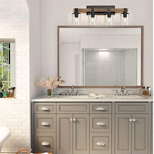 Drnanlit 4-Light Industrial Farmhouse Vanity Lights, Rustic Wood Bathroom Wall Light With Clear Glass, Modern Metal Wall Sconce For Bedroom, Kitchen, Hallway (4-Light, Antique Wood) #TOP6