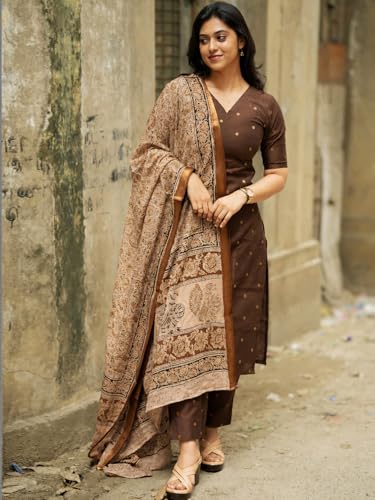 Image of GoSriKi Kurta Set Women Viscose Printed | Kurti Set Woman | Kurta Pant Dupatta 3 Piece Outfit | V-Neck Elbow Length Sleeve Straight Fit Ethnic Wear Ladies Dress Stylish Traditional Clothing