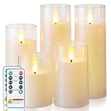 Homemory Ivory White Flickering Flameless Candles, Battery Operated Acrylic LED Pillar Candles with Remote Control and Timer, Set of 5