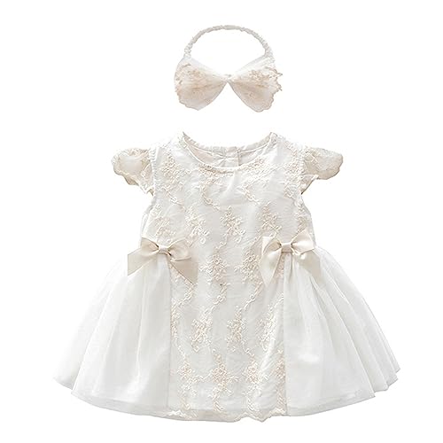 Xumplo Baby Girl Dress Infant Christening Dress Newborn Lace Sleeveless Ruffle Romper Pageant Party Wedding Tulle Dresses Crew Neck Clothes with Headband 3-6 Months