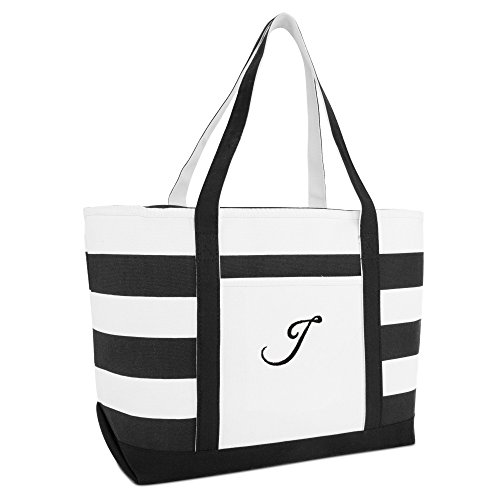 Dalix Striped Beach Bag Tote Bags Satchel Personalized Black Ballent Letter J #TOP26