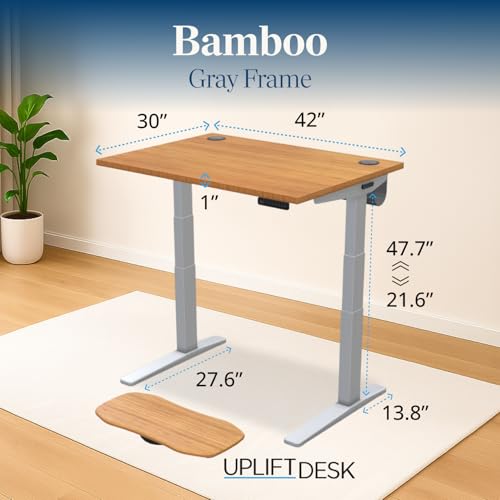 Image of UPLIFTDESK Bamboo (42 x 30 inch) Standing Desk 2-Leg V3 Adjustable Stand Up C-Frame (Gray), Advanced Keypad, Wire Grommets, Wire Tray, Rocker Board