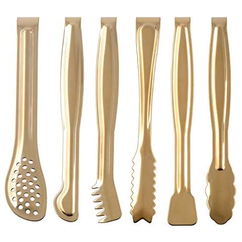 HINMAY Gold Plated Mini Serving Tongs Set 6-Inch Appetizers Tongs Stainless Steel Small Sugar Cube Tongs Ice Tongs, Set of 6 Cover