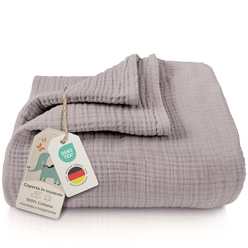 LAYNENBURG Copertina in mussola per neonati 120 x 120 cm – Copertina a 4 strati in 100% cotone – morbida copertina o per dormire, per fasciare, per neonati e bambini piccoli (tortora)
