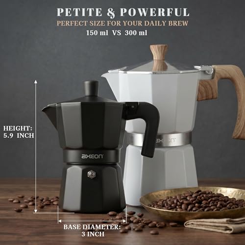 Image of AXEON Classic Moka Pot Espresso Coffee Maker - 120ml | Italian Style Mocha & Cuban Cafe Brewer | Gas & Ceramic Stovetop Compatible | Food-Grade Aluminum with Cool Touch Handle