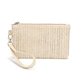 Bolsa clutch feminina de palha de verão para praia com zíper, Off-white, 0.39 liters