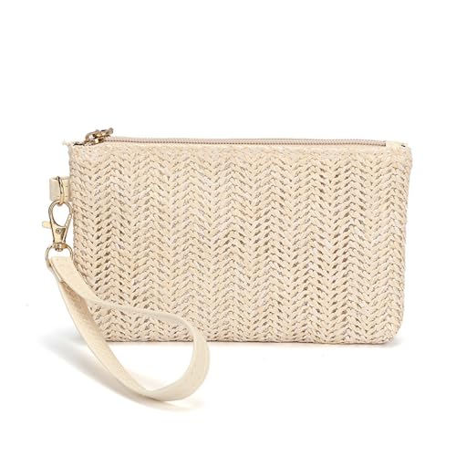 Bolsa clutch feminina de palha de verão para praia com zíper, Off-white, 0.39 liters