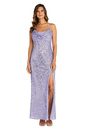 Image of Nightway Juniors' Long Sequin Cowl Neck Gown W /Cross-Back Spaghetti Straps & Side Slit - Prom Cocktail Party