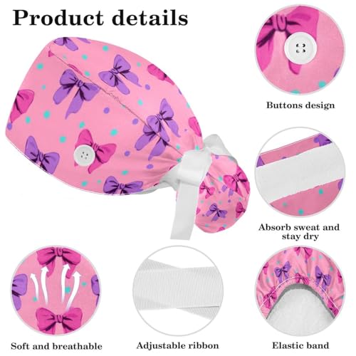 Image of Butterfly Scrub Cap Women with Ponytail & Buttons Adjustable Surgical Nurse Hat with Cotton Sweatband for Long Hair