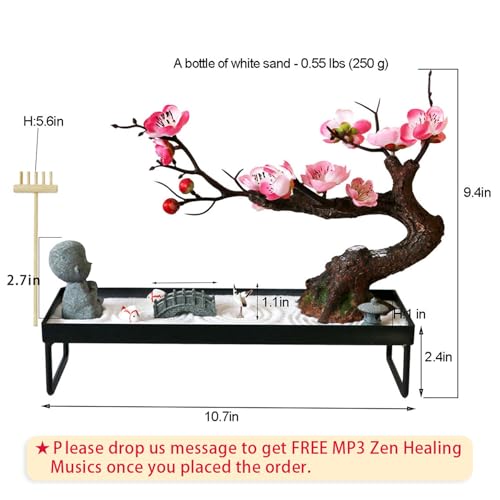 Mini Zen Garden Kit for Desk Tabletop Rock Sand Tray Therapy Kit Office Stress Relief Spiritual Decor Japanese Zen Healing Gifts for Lady Yoga Meditation Accessories with Bonsai Buddha Koli Fish Rake