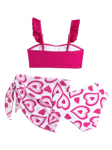 Choomomo Girls' 3 Piece Bikini Set Ruffle Straps Swim Cover Up Sets Beach Skirt Heart Print Swimwear Hot Pink 10-11 Years3