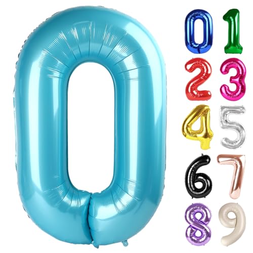 0 Balloon - Pastel Blue Birthday Number Balloons, 40 Inch Decorations