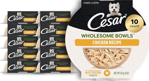 Image of Cesar Wholesome Bowls Wet Dog Food, Chicken Recipe, 3 oz, 10 Count | Real chicken #1 ingredient, slow-cooked, 7 key ingredients, no by-products or artificial flavors, easy to digest