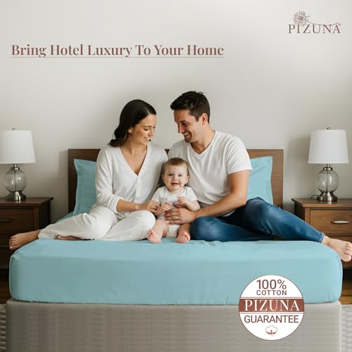 Image of Pizuna 100% Cotton Bedsheet Super King Size Baby Blue, 400 Thread Count Long Staple Combed Cotton Flat Bedsheets 108x108 Inches with 4 Pillow Covers, Bed Sheet for Super King Size Bed