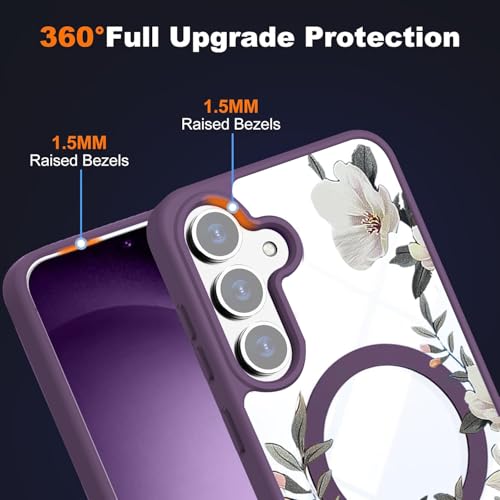 Image of VONZEE Compatible with Samsung Galaxy S25 FE 5G Case Luxury Retro Flowers Floral Clear for Magnetic Wireless Charging Case Shockproof PC+TPU Cute Glossy Shiny Cover for Girls Women, Deep Purple