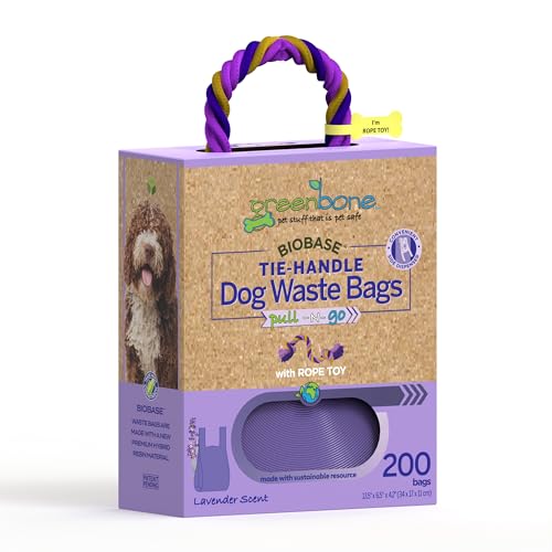 Image of Greenbone Poop Bags for Dogs with Handles Lavender Scent Purple with Bonus Rope Pet Toy, 200 Count on Single Roll, Plant Based
