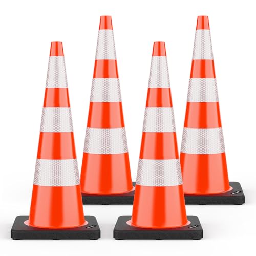 (4 Pack) BATTIFE Traffic Cones 36 Inch with Black Weighted Base, PVC Orange Cone for Traffic Control,Construction Events, Driveway Road Parking Lot