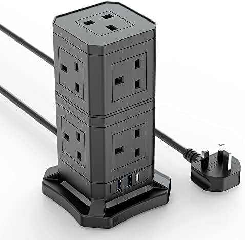 Extension Lead Tower 10 Way, Extension Plug with 2 USB-A Slots & 1 PD 30W USB-C Slot, Detachable Stackable 2M Power Strip Tower 2500W/10A, EURPMASK Extension Socket for Home Office School - Black