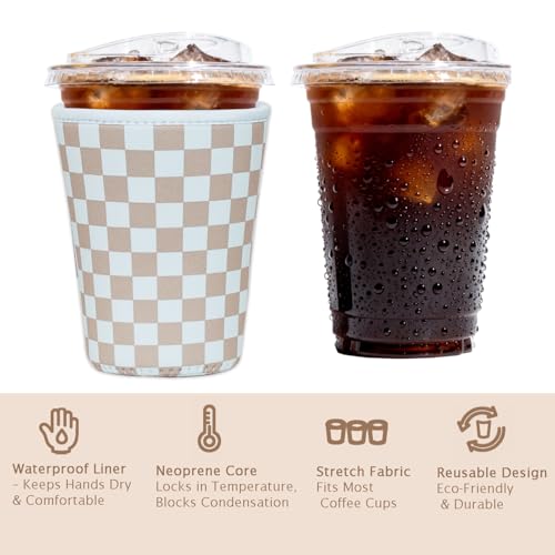 Image of Reusable Insulated Sleeve for Iced Coffee Cup, Coffee Neoprene Sleeve for Cold & Hot Drinks, Beverage Holder for Iced Coffee (Classic Checker, Medium: 22-24oz)