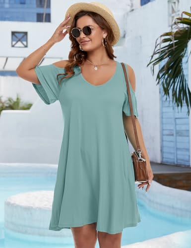 Image of JollieLovin Womens Plus Size Short Sleeve Cold Shoulder V Neck T-Shirt Dress with Pockets