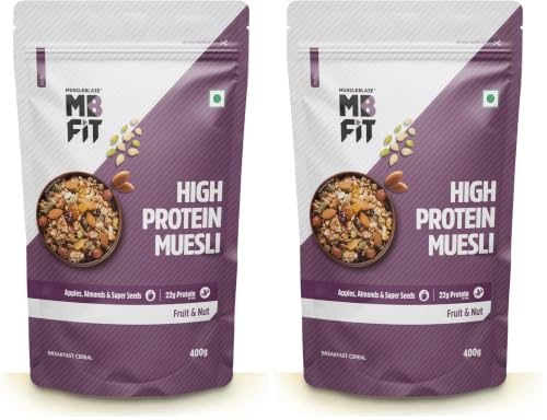Image of MuscleBlaze Fit High Protein Muesli (400g, Fruits & Nut) | 22g Protein | With Apple, Almonds & Super Seeds,High Protein Breakfast Cereals (Pack of 2)