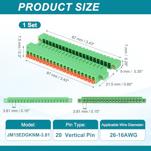 Bloque de terminales MECCANIXITY vertical macho-hembra de 3,81 mm para cable de 26 2