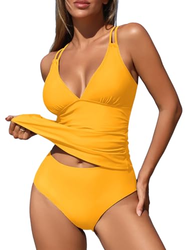 Image of ZAFUL Womens Tankini Swimsuits V Neck Push Up Swim Top Color Block Tummy Control High Waisted Bathing Suits Swim Bottom