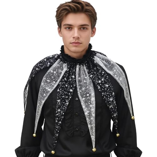 Auroeyfairy Jester Collar Mesh Pointed Clown Collar with Jingle Bell Adjustable Jester Neck Accessories Costumes, One Size, Black&White