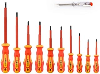 Gunpla 11 Pieces VDE Insulated Screwdriver Set, 1000V with Black Tip Magnetic, TPR Handle Electrician Soft-Grip Slotted Phillips and Pozi Tools with Safety Tester for Electrician Repair