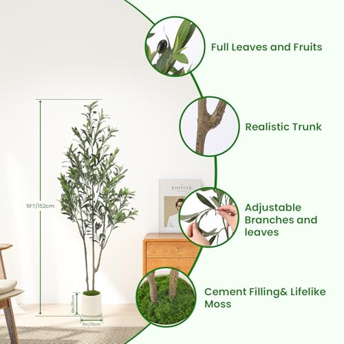 Alupssuc 5ft Olive Trees Artificial Indoor & Outdoor, Faux Olive Tree with Lively Artificial Trunk and Lifelike Fruits, Fake Potted Tree for Modern Home Office Living Room Decor - Image 3