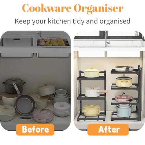 Felenny 4-Tier Pots and Pans Organiser Rack Adjustable Pot Rack Free Standing Pot and Pan Rack Organizer Cabinet Under Sink Pot Pan Rack, Baking Tray Storage and Organiser, Black - Image 2