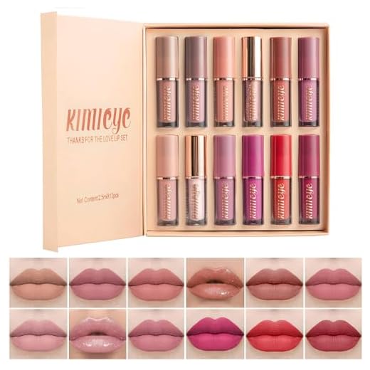 KIMIEYE 12Pcs Velvet Matte Liquid Lipstick Set, Waterproof Long Lasting Quick-drying Non-Stick Cup Nude Lip Stain Kit, Up to 24H Wear, Professional Lip Makeup Gift Kit for Women