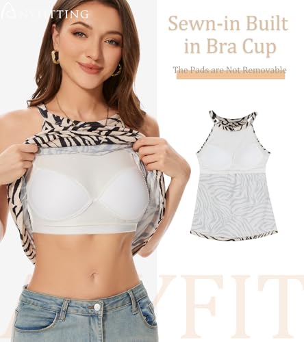 Image of Women Halter Tank Top with Built in Bra Flowy Sleevless Padded Camisole Loose Fit Summer Shirt Top S-3XL
