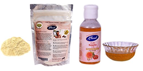 Khanak 1.5 oz Grade A Thanaka Powder and 3.38 fl oz 100% Pure Kusumba Oil, Ayurveda Home Remedy to Remove Facial/Unwanted Hair Permanantely