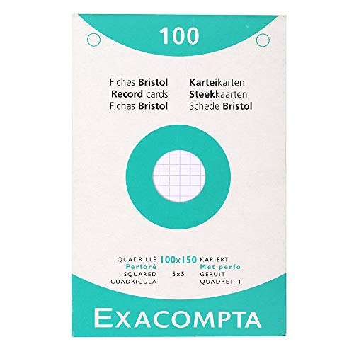 Exacompta 13602E Karty indeksowe - fiszki - perforowany karton - 100x150mm - w kratkę 5x5 - 100 sztuk - kolor: biały