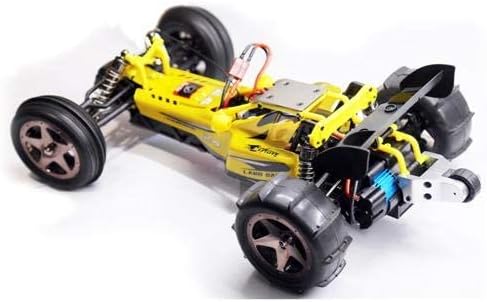 Angled top-down view of the mytoys Land Dash RC car, highlighting its internal components and chassis.