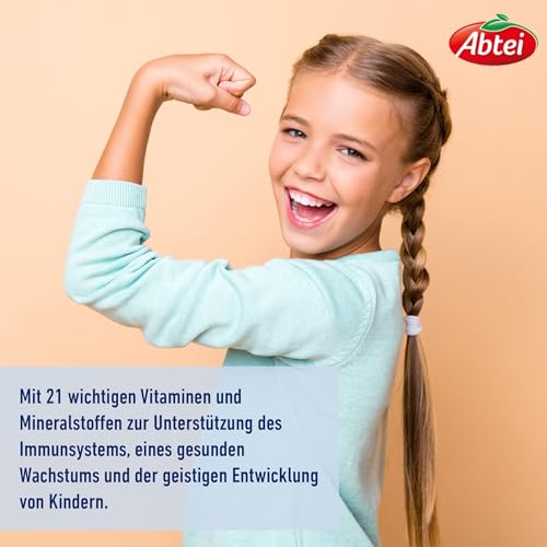 Abtei Kinder Multivitamine + Mineralstoffe - Für ein gesundes Aufwachsen* von Kindern - Ab 3 Jahren - Mit 21 wichtigen Nährstoffen - Glutenfrei, Laktosefrei, Gelatinefrei - 75 Schmelztabletten