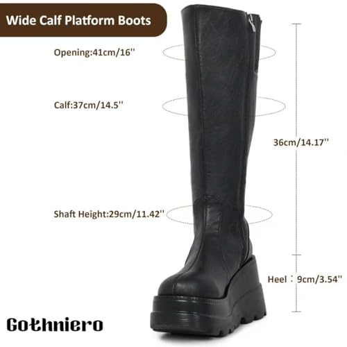 Image of Gothniero High Platform Knee Boots Chunky Heel Wedge Black Boots For Women Combat Goth Punk Motorcycle Booties Zip up With Metal Buckles Size5-11