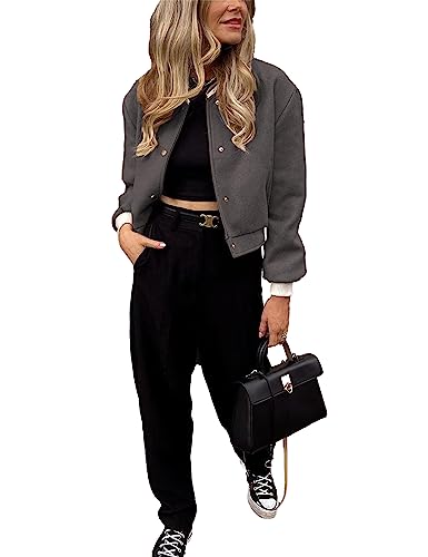 Women's Cropped Street Bomber Jacket long sleeve Button Down Crop Tops Coat