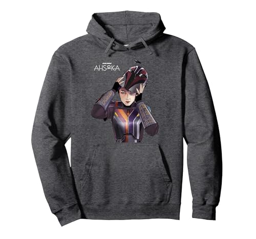 Image of Star Wars Ahsoka Sabine Wren with Mandalorian Helmet Disney+ Pullover Hoodie, Adult Unisex, Dark Heather Grey, XX-Large