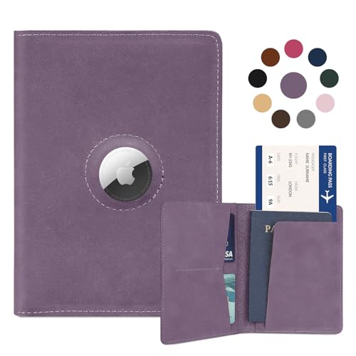 Soporte para pasaporte Airtag para mujeres y hombres, de piel auténtica, funda hecha a mano con ranura para Airtag, accesorios esenciales de viaje, regalos de cumpleaños (caballo loco, morado),