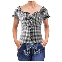 Trachtenbluse Damen Karo Rot-Weiß - Traditionelles Oktoberfest Hemd Mit Häkelspitze