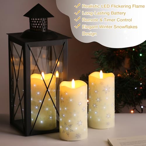 Image of Eywamage Christmas Flameless Pillar Candles with Remote, Snowflakes Fiber Optic LED Candles Battery Operated Set of 3