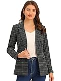 Allegra K Women's Notched Lapel One Button Boyfriend Blazer Suit Plaid Blazer Jacket Medium Grey Black