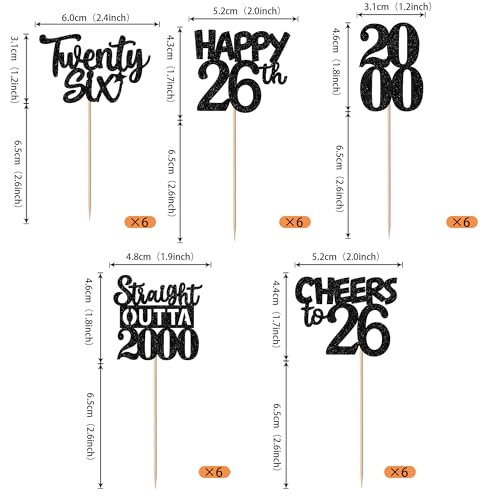 30PCS Black 26th Birthday Cupcake Toppers Glitter Twenty Six Happy 26th Straight Outta 2000 Cupcake Picks for Cheers to 26 Years Birthday Wedding Anniversary Party Cake Decorations Supplies by ZHUOWEISM - Used condition - Image 2