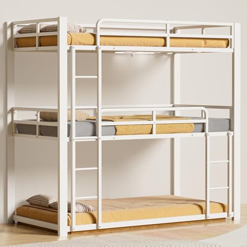 Mixcous Metal Triple Bunk Bed, Twin Over Twin Over Twin Heavy Duty Bunkbeds, Full-Length Guardrail Family-Friendly for All Ages, Bedroom, No Box Spring Needed, Easy Assembly, White