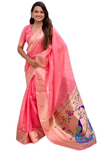 Image of SGF11 Women's Organza Kanjivaram Pure Soft Silk Handloom Saree Pure Golden Zari With Blouse Piece